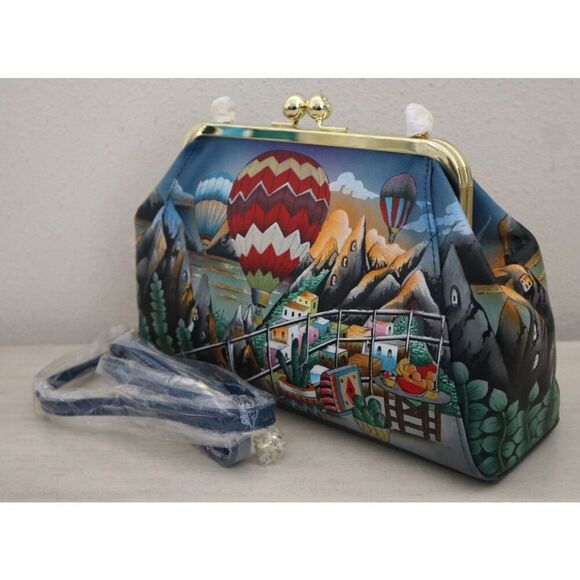 Anuschka Hot Air Balloon Hand-Painted Leather Kiss Lock Clutch Crossbody Bag - Picture 9 of 11